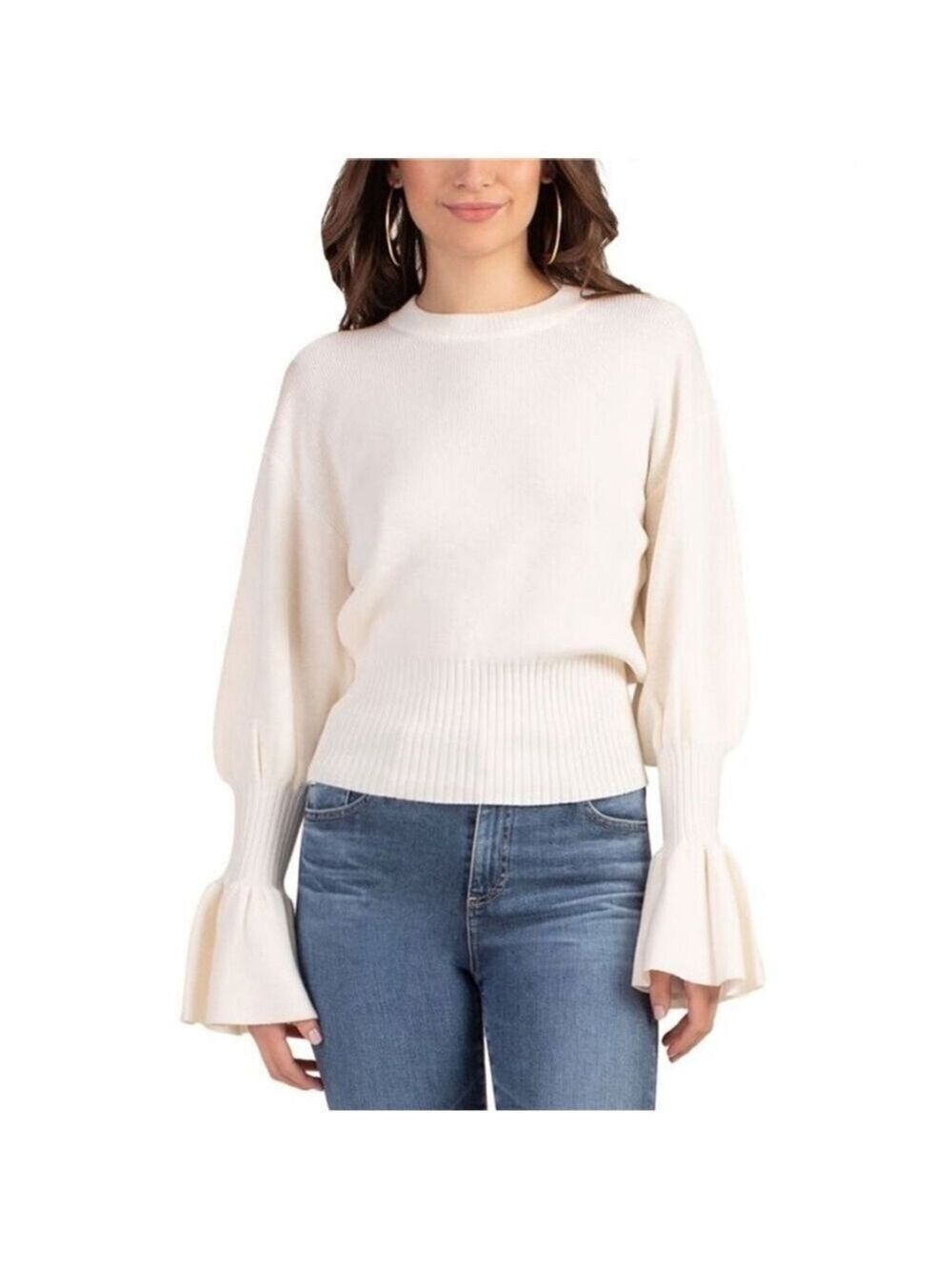 Trina Turk Chloe Merino Wool Sweater Ruffled Sleeves White Quiet Luxury Sz XL